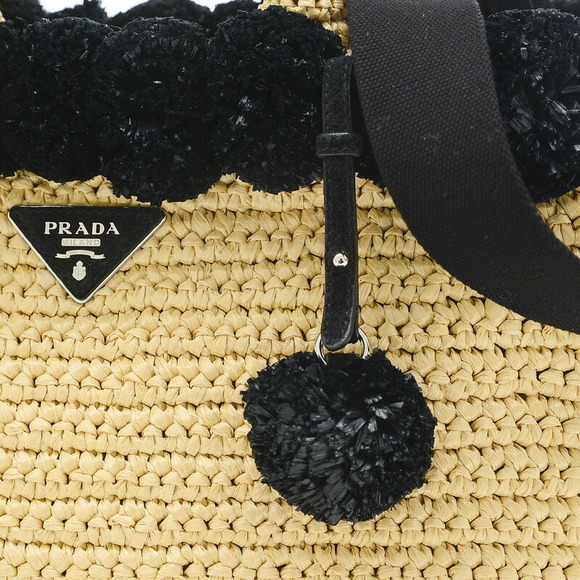 Prada Raffia PomPom Basket Bag Tote Black - Picture 5 of 6